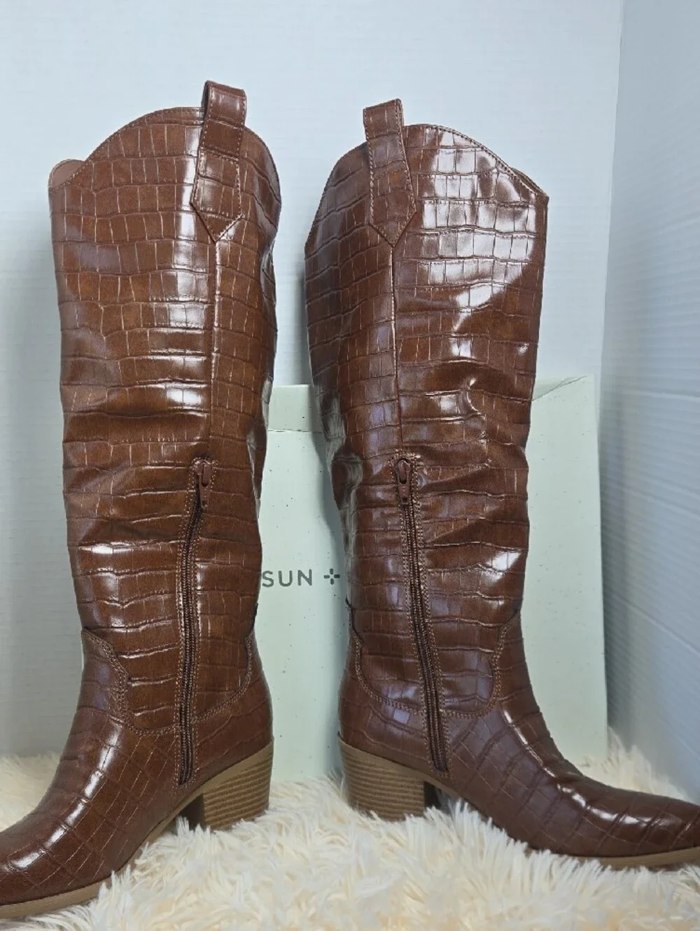 NWT Sun + Stone Brown Croc-Embossed Over-The-Knee Boots